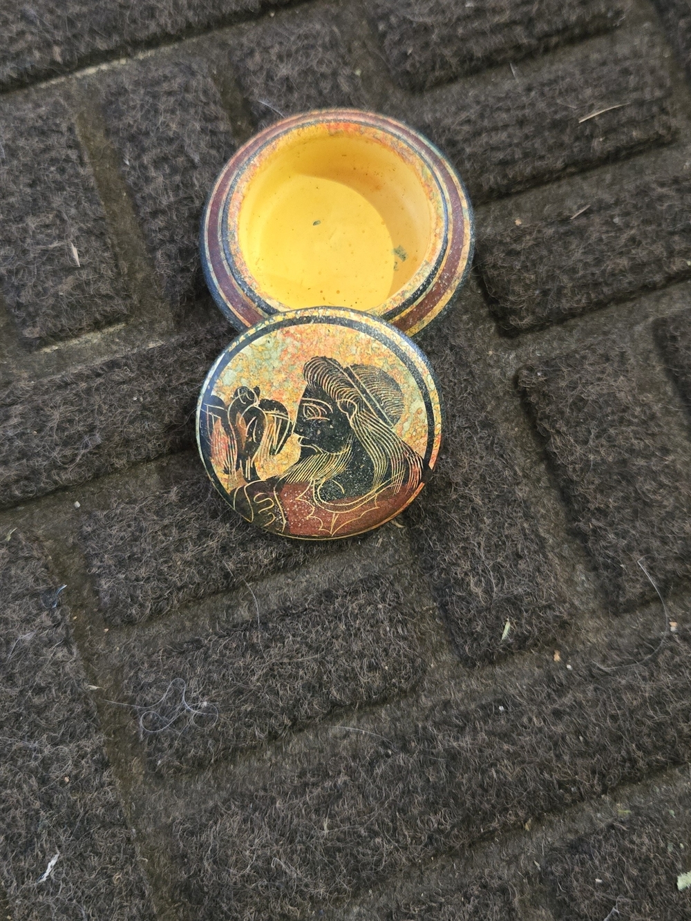 Hand-Painted Round Trinket Box with Floral and Portrait Motif - Yellow Interior